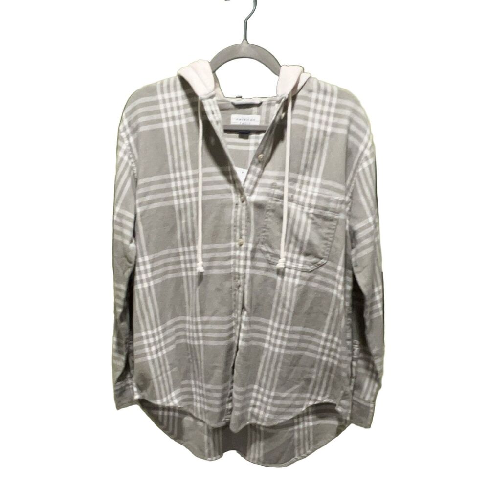 American Eagle Plaid Hooded Flannel Shirt Women's S Sage Green Button Up